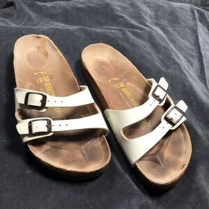 Birkenstock Ibiza White Patent Two-Strap Sandals L 7 EU 38 BirkoFlor Filled Foot